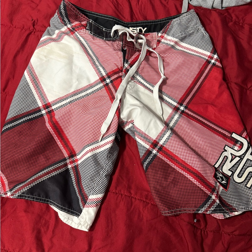 Rusty Red and Black Plaid Board Shorts